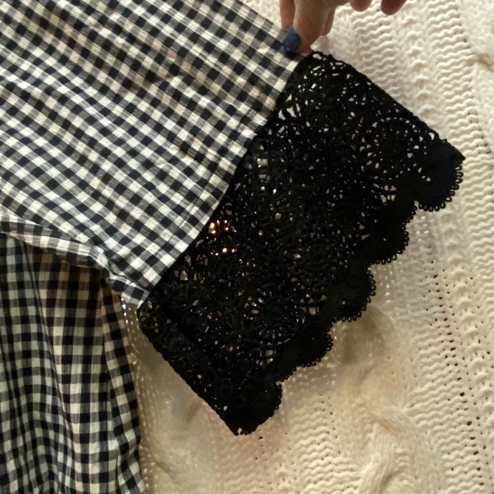 Catherines 22/24 Embroidered 3/4 Sleeve Blouse Black/White Check Boho Cottage - Picture 6 of 8